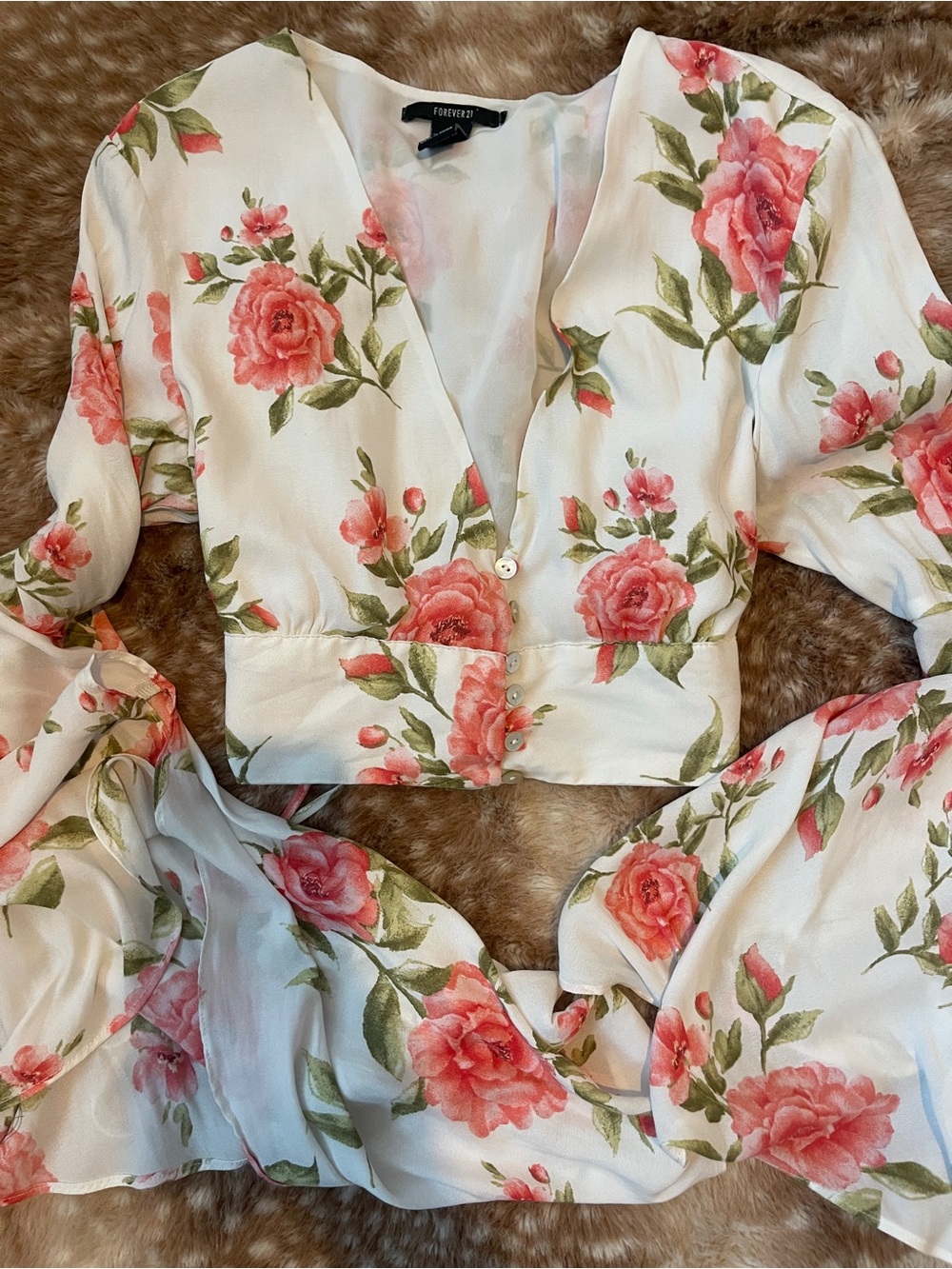 Forever 21 White Cropped Blouse with Pink Floral Print